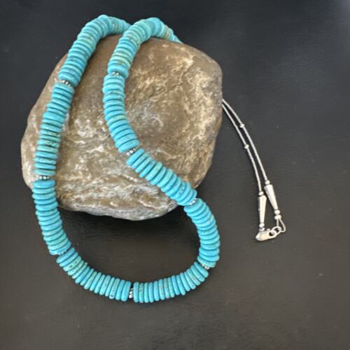 Men's Navajo Blue Turquoise Heishi Necklace | Sterling Silver | 24" | Authentic Native American Handmade | 16340 - Masha USA