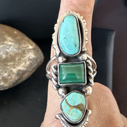 Navajo Blue Turquoise Malachite Cluster Ring | Authentic Native American Sterling Silver | Multi-Stone | Sz 10 | 17643
