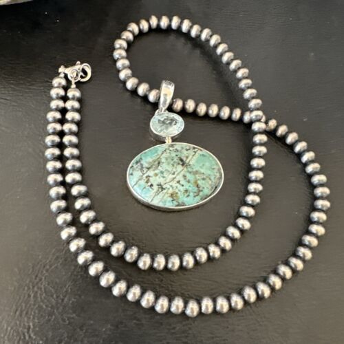 Navajo Dry Creek Turquoise Topaz Pendant Necklace | Sterling Silver | Authentic Native American Handmade | 16442