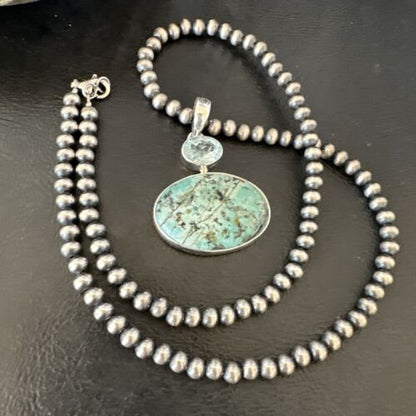 Navajo Dry Creek Turquoise Topaz Pendant Necklace | Sterling Silver | Authentic Native American Handmade | 16442