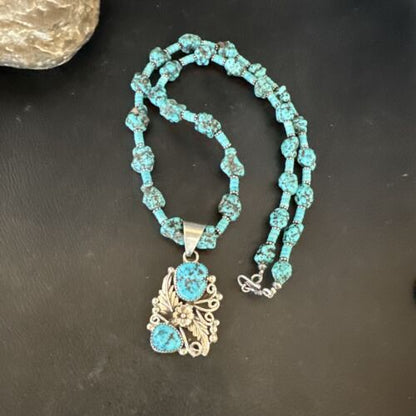 Navajo Kingman Turquoise Nugget Pendant | Sterling Silver Necklace | Multi-Stone | 21" | 17507