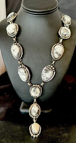 Navajo White Buffalo Turquoise Lariat Necklace | Sterling Silver | Authentic Native American Handmade | 17444