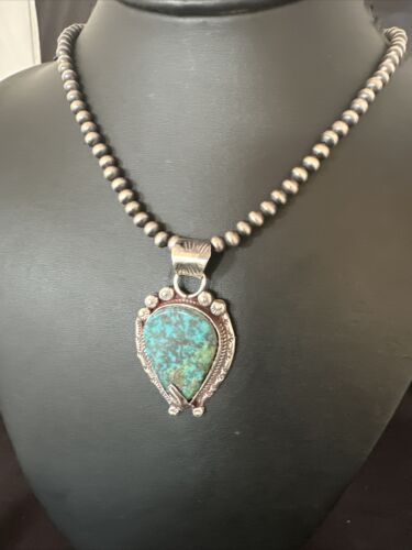 Navajo Blue Turquoise Pendant Necklace | Sterling Silver Pearls | Authentic Native American Handmade | 15761