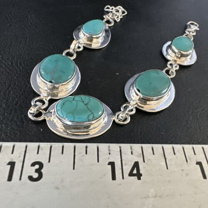 Navajo Blue Turquoise Link Bracelet | Sterling Silver | 8" | Authentic Native American Handmade | 15478