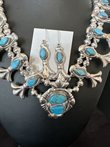 Kingman Turquoise Navajo Squash Blossom Necklace & Earrings | Sterling Silver | Native American Handmade | 16543