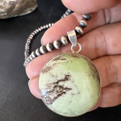Navajo Green Gaspeite Pendant Necklace | Sterling Silver | Authentic Native American Handmade | 15492
