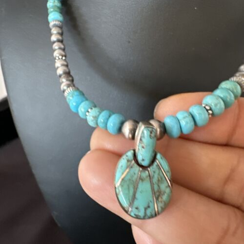 Navajo Blue Turquoise Inlay Pendant | Sterling Silver Necklace | Authentic Native American Handmade | 15423