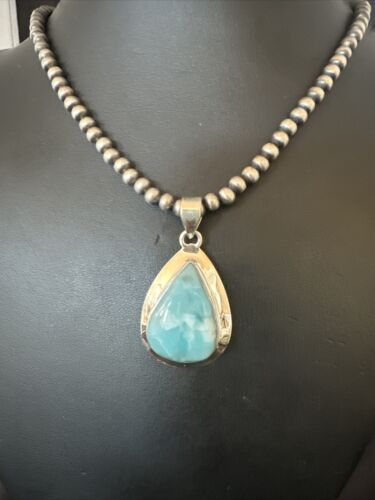 Navajo Blue Larimar Pendant Necklace | Sterling Silver Beads | Authentic Native American Handmade | 17569