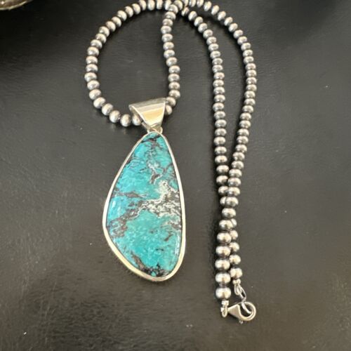 Men's Navajo Blue Spiderweb Turquoise Pendant Necklace | Sterling Silver | Authentic Native American Handmade | 16206