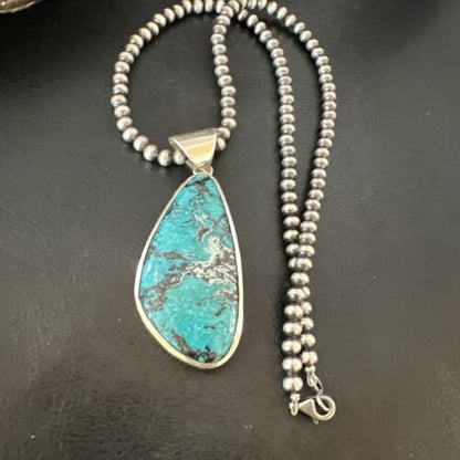 Men's Navajo Blue Spiderweb Turquoise Pendant Necklace | Sterling Silver | Authentic Native American Handmade | 16206