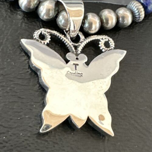 Navajo Butterfly Blue Opal Turquoise Inlay Pendant Necklace | Sterling Silver | Native American Handmade | 16760
