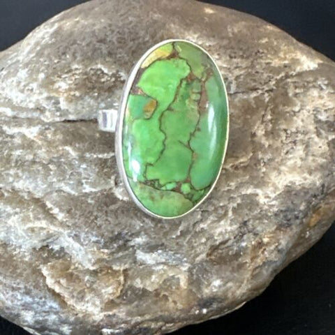 Green Mojave Turquoise Navajo Sterling Silver Ring Size 8 Adjustable 16146