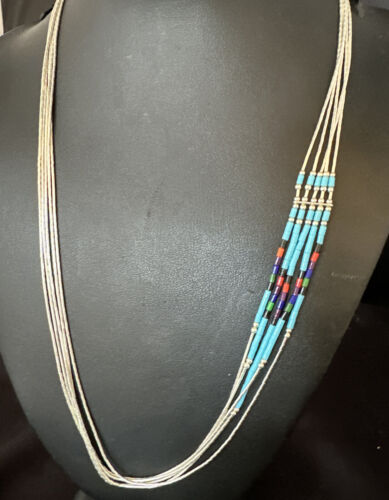Multi-Color Liquid Silver Heishi Necklace | 5-Strand Sterling Tubes | 22" | 15047