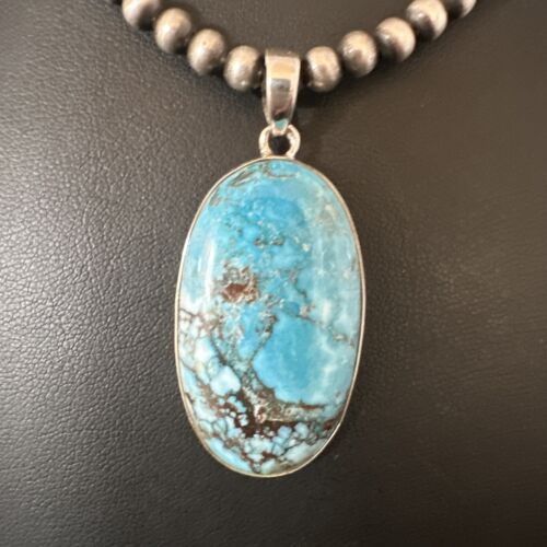 Navajo Blue Spiderweb Turquoise Pendant Necklace | Sterling Silver | Authentic Native American Handmade | 17023