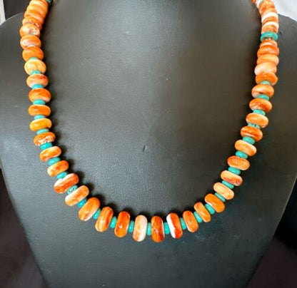 Navajo Orange Spiny Blue Turquoise Necklace | Sterling Silver | 23" | Authentic Native American Handmade | 17544