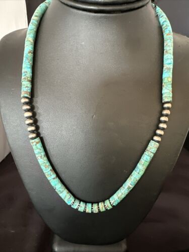 Navajo Blue Turquoise Heishi Bead Necklace | Sterling Silver | 21" | Authentic Native American Handmade | 17257