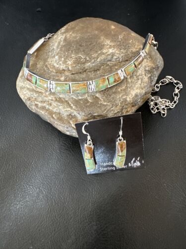 Navajo Choker Necklace with Blue #8 Turquoise Inlay | Sterling Silver Earrings Set | Authentic Native American Handmade | 16266