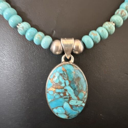 Navajo Blue Mojave Turquoise Pendant | Sterling Silver Pearl Necklace | Authentic Native American Handmade | 17079