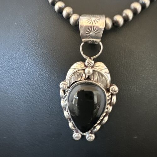 Navajo Pearls Black Onyx Necklace Pendant | Sterling Silver | Authentic Native American Handmade | 16528