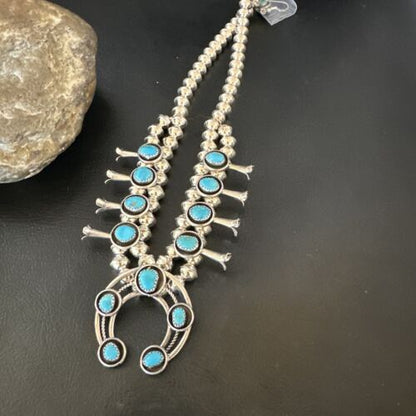 Navajo Kingman Turquoise Squash Blossom Necklace | Sterling Silver | 17" | Authentic Native American Handmade | 16110