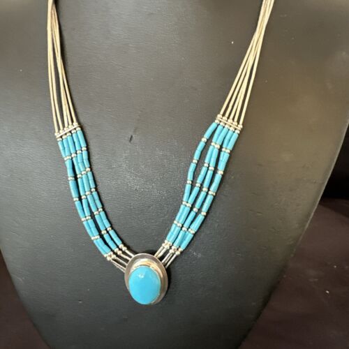 Navajo Green Turquoise Pendant Heishi Necklace| 5-Strand Sterling Silver | 18" | Authentic Native American Handmade | 17177