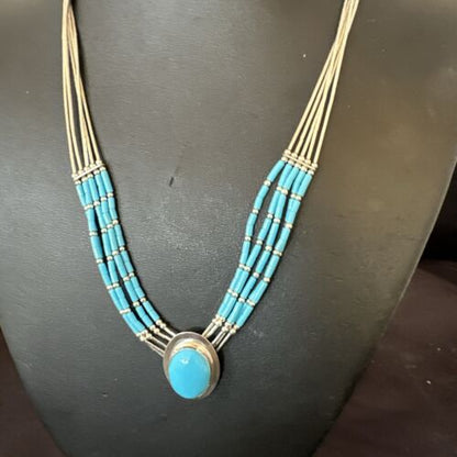 Navajo Green Turquoise Pendant Heishi Necklace| 5-Strand Sterling Silver | 18" | Authentic Native American Handmade | 17177