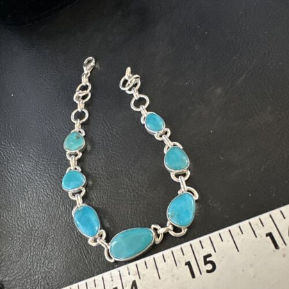 Navajo Blue Turquoise Link Bracelet | Sterling Silver | 8" | Authentic Native American Handmade | 15476 - Masha USA