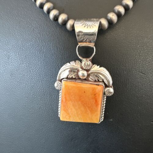 Navajo Orange Spiny Oyster Pendant Necklace | Sterling Silver | 20" | Authentic Native American Handmade | 16141