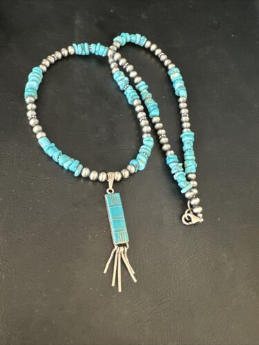 Navajo Kingman Turquoise Pendant Necklace | Sterling Silver | Native American Handmade | 14827