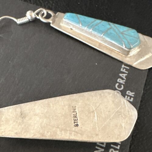 Navajo Blue Turquoise Inlay Earrings | Sterling Silver | Authentic Native American Handmade | 15269