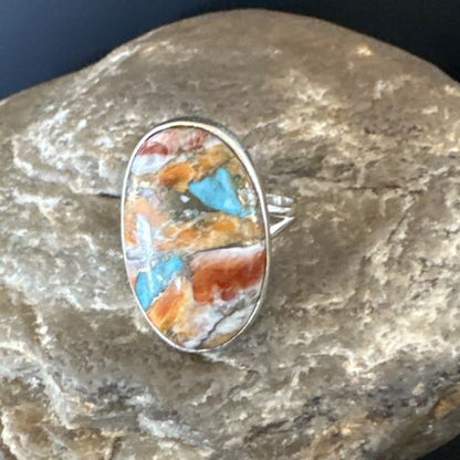 Navajo Turquoise Spiny Oyster Ring | Sterling Silver | Sz 8 | Authentic Native American Handmade | 16613