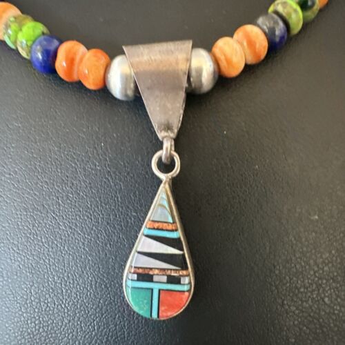 Navajo Spiny Oyster Turquoise Lapis Inlay Pendant Necklace | Sterling Silver | 21" | Authentic Native American Handmade | 16631