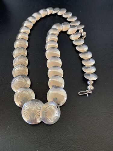 Navajo Graduated Concha Bead Necklace | Sterling Silver Pillow Stamped | Single Strand | 14166