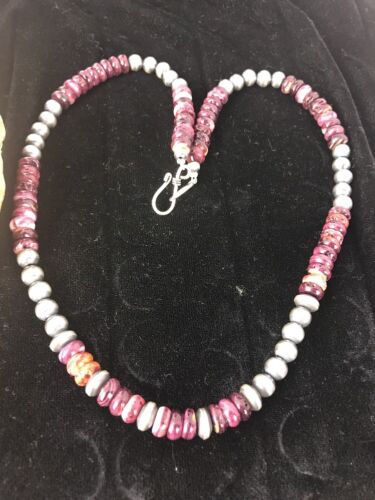Navajo Pearls Necklace | Sterling Silver Purple Spiny Oyster Beads 8mm | Authentic Native American Handmade | 15956