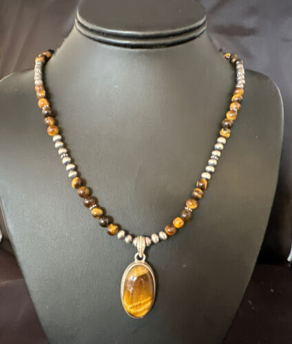 Navajo Coffee Tiger's Eye Pendant Necklace | Sterling Silver | 26" | Authentic Native American Handmade | 14886