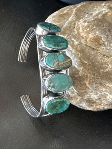 Women's Blue Turquoise 5-Stone Cuff Bracelet | Navajo Sterling Silver | Authentic Native American Jewelry | 16166