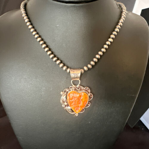 Navajo Orange Spiny Oyster Heart Pendant Necklace | Sterling Silver | Authentic Native American Handmade | 16552