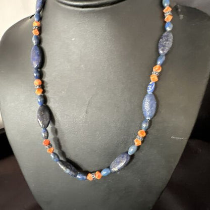 Men's Lapis Lazuli & Spiny Oyster Necklace | Navajo Sterling Silver | 18" | Authentic Native American | 15266