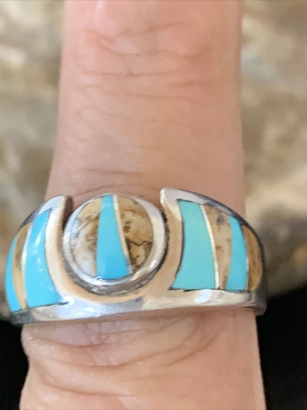 Navajo Coffee Picture Jasper Turquoise Inlay Ring | Sterling Silver | Sz 8.5 | 10982