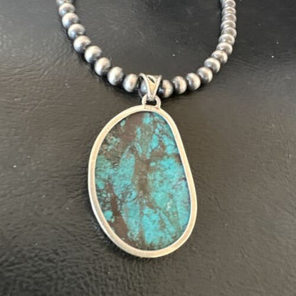 Men's Navajo Blue Spiderweb Turquoise Pendant Necklace | Sterling Silver | Authentic Native American Handmade | 16273