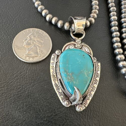 Navajo Blue Turquoise Pendant Necklace | Sterling Silver Pearls | Authentic Native American Handmade | 15646