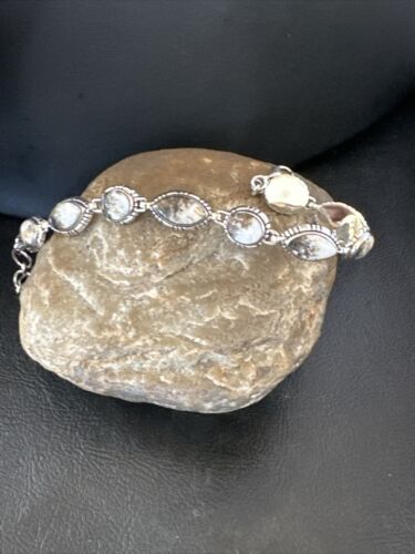 White Buffalo Turquoise 8-Stone Navajo Sterling Silver Link Bracelet 8" | Handmade | 16379