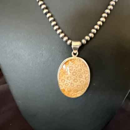 Navajo Champagne Fossil Coral Pendant Necklace | Sterling Silver Beads | Authentic Native American Handmade | 16370