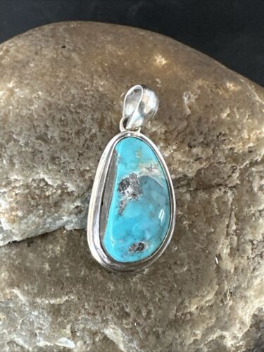 Blue Bisbee Turquoise Navajo Pendant | Sterling Silver | 1" | Authentic Native American Handmade | 17252