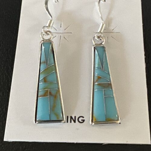 Navajo Blue Turquoise Inlay Earrings | Sterling Silver | 1" | Authentic Native American Handmade | 15699