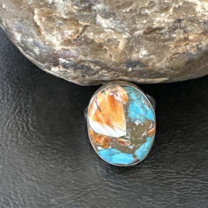 Navajo Turquoise Spiny Oyster Ring | Sterling Silver | Sz 8 | Authentic Native American Handmade | 16622