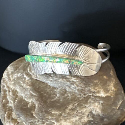 Navajo Green Fire Opal Inlay Bracelet | Sterling Silver | 7" | Authentic Native American Handmade | 15071