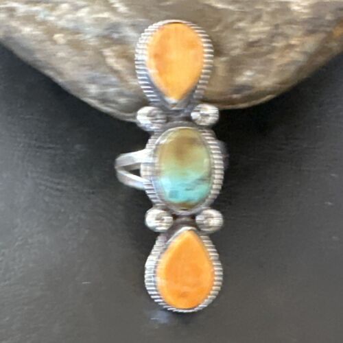 Navajo Green Turquoise Spiny Oyster Multi-Stone Ring | Authentic Native American Sterling Silver | Sz 10.5 | 16716