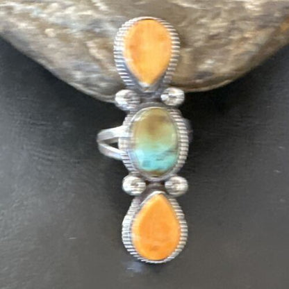 Navajo Green Turquoise Spiny Oyster Multi-Stone Ring | Authentic Native American Sterling Silver | Sz 10.5 | 16716