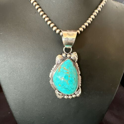 Navajo Men's Blue Kingman Turquoise Pendant Necklace | Sterling Silver | Authentic Native American Handmade | 17477